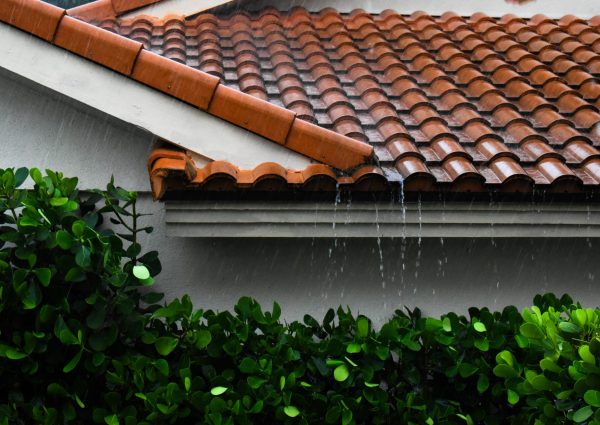 Rain,Pouring,Off,A,Tiled,Roof,With,No,Gutters