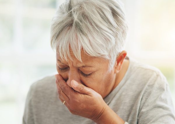 Senior,,Woman,And,Mouth,Hand,For,Cough,Sick,Or,Winter