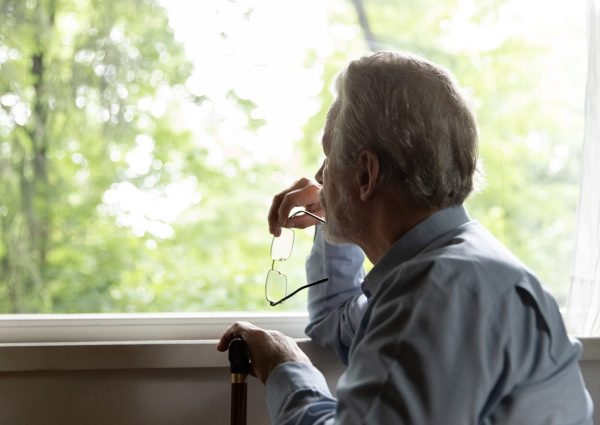 Retirement,Problem.,Pensive,Old,Man,Nursing,Home,Patient,Sit,By